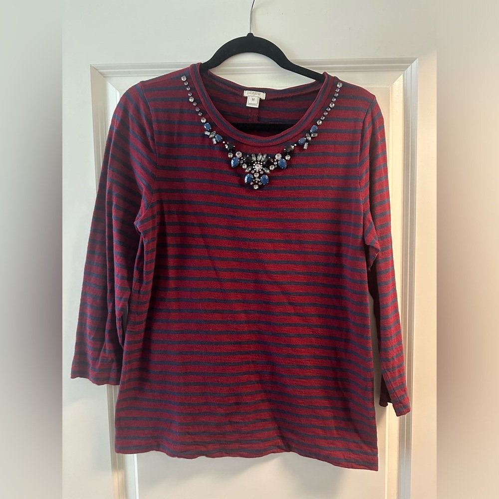 J Crew Factory Striped 3/4 Sleeve Embellished Neckline